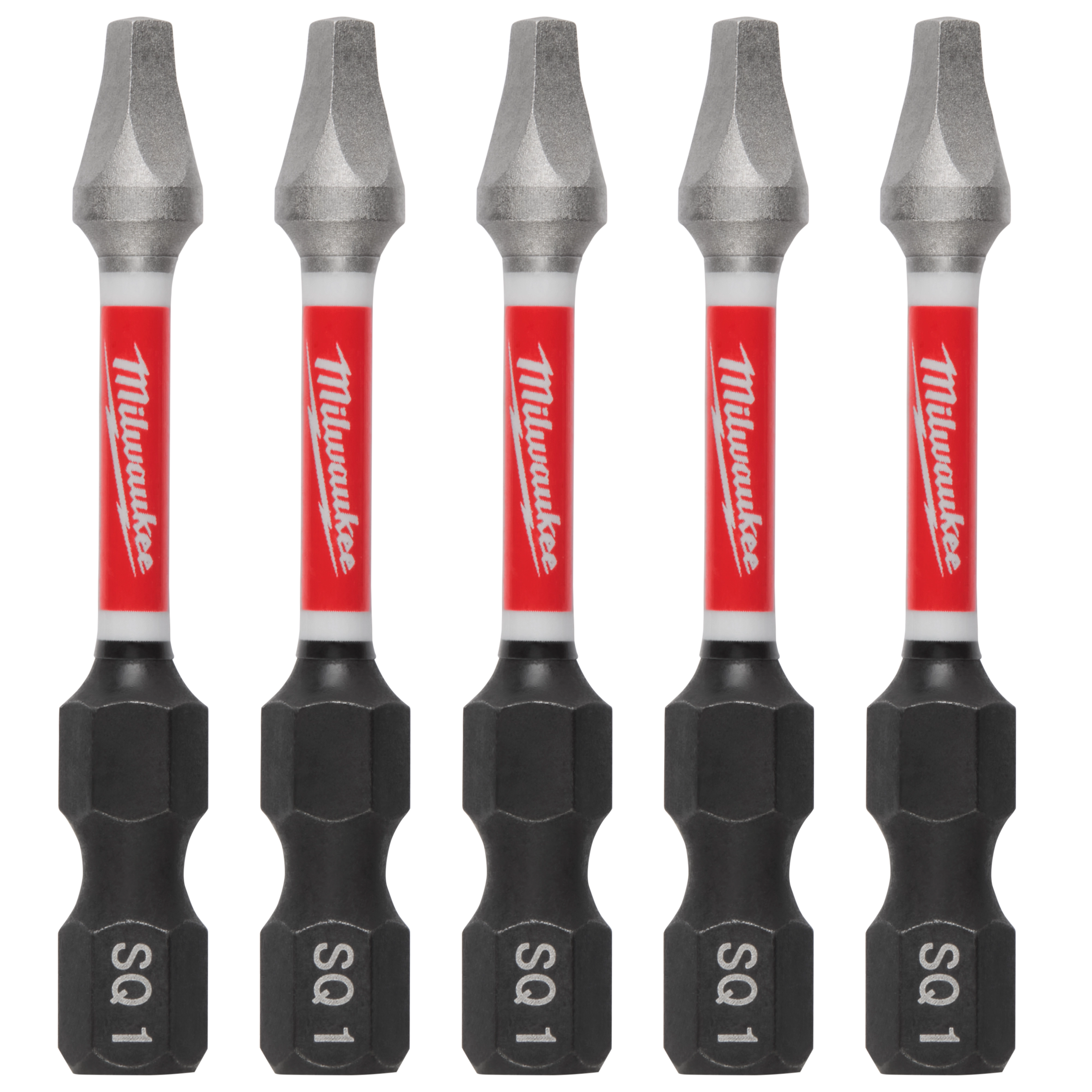 The image shows five SHOCKWAVE™ 2" Impact Square Recess #1 Power Bits (5 PK). The bits have a red and black body with "Milwaukee" written on the red section and "SQ 1" labeled on the black base.