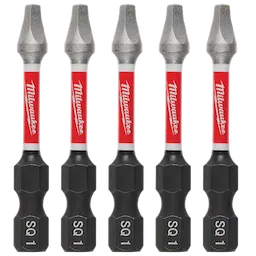 The image shows five SHOCKWAVE™ 2" Impact Square Recess #1 Power Bits (5 PK). The bits have a red and black body with "Milwaukee" written on the red section and "SQ 1" labeled on the black base.