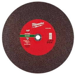 14" x 1/8" x 1" Masonry Cut Off Wheel, Type 1 with a red label showing specifications, including max RPM 4,500.