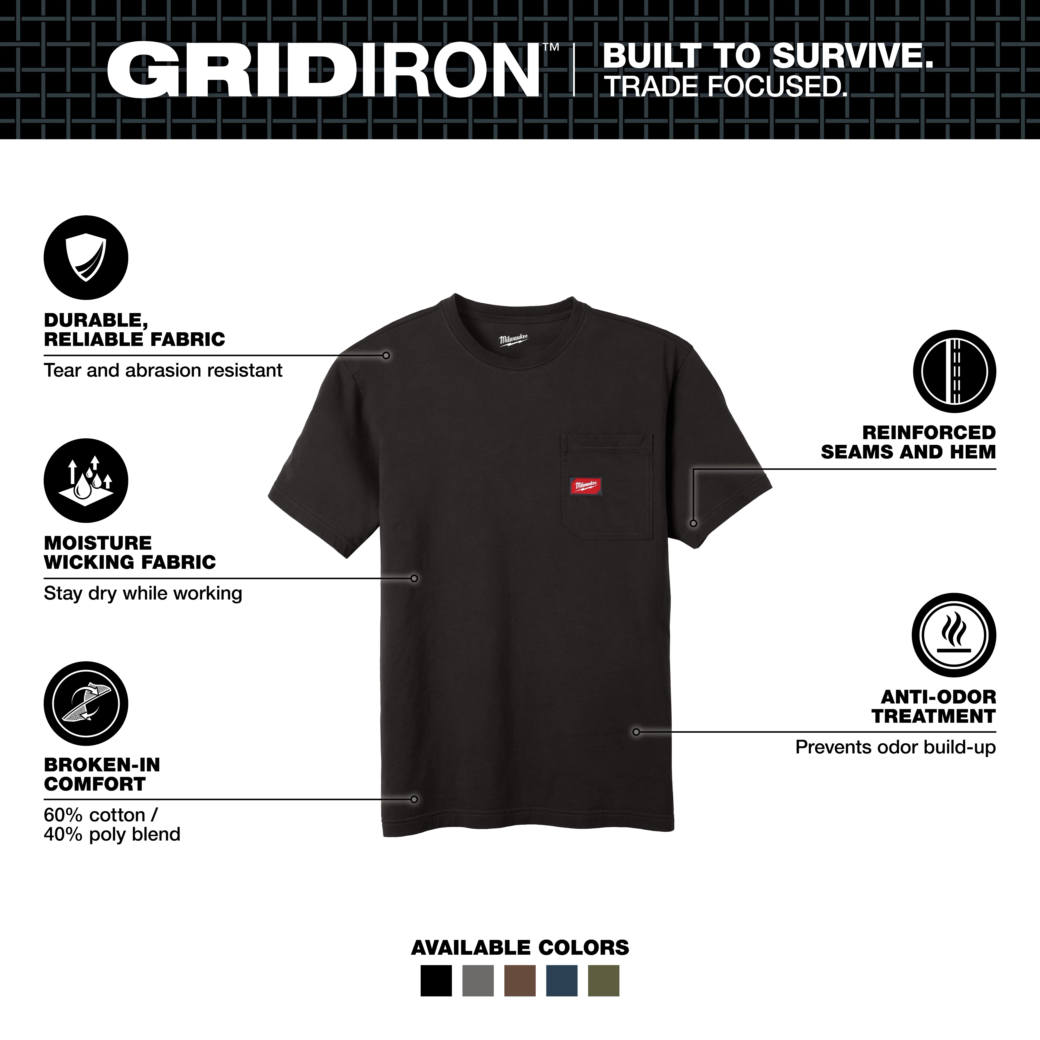 GRIDIRON Pocket T-Shirt - Short Sleeve in black, featuring durable fabric, moisture-wicking, reinforced seams, anti-odor treatment, and comfort blend. Available in five colors.