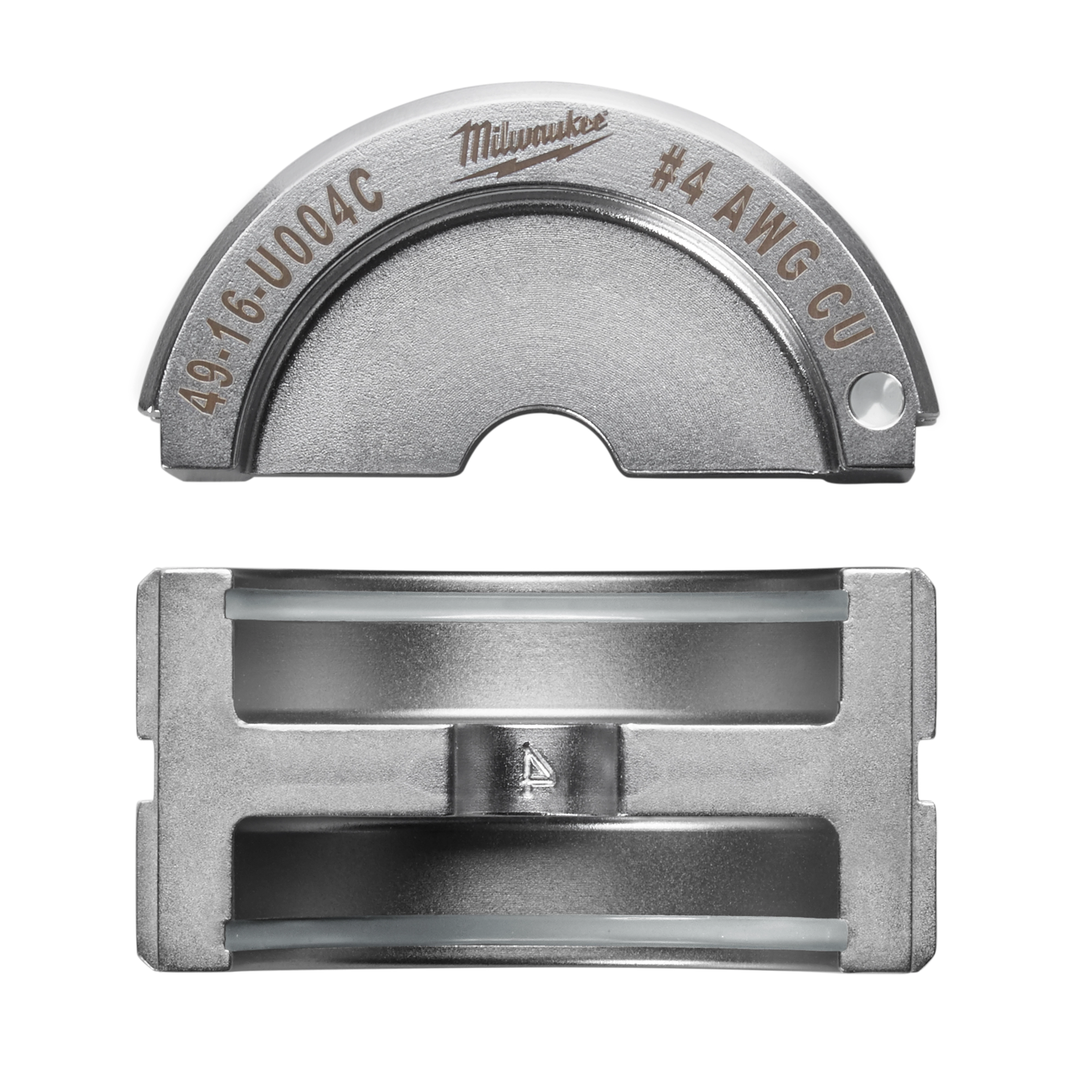 Milwaukee #4 AWG CU Copper U Style Die is a metallic tool divided into two parts, including a top U-shaped piece with engraved details and a rectangular bottom piece designed to fit together seamlessly.