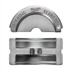 Milwaukee #4 AWG CU Copper U Style Die is a metallic tool divided into two parts, including a top U-shaped piece with engraved details and a rectangular bottom piece designed to fit together seamlessly.
