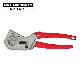 Milwaukee PVC Pipe Cutter with red handles and a metal cutting mechanism. Text reads "Cut capacity up to 1 inch" in the top left corner.