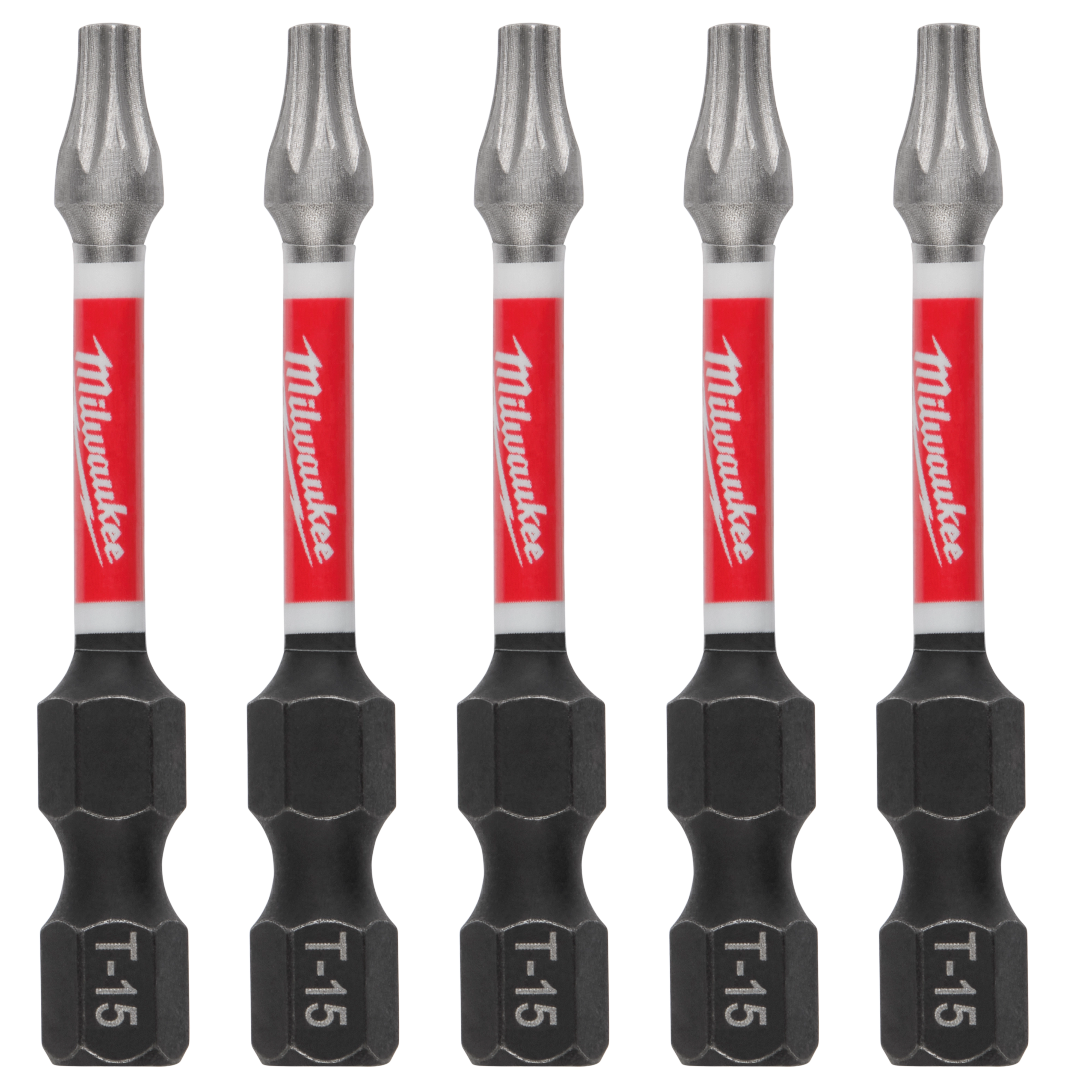 The image shows five SHOCKWAVE™ 2" Impact TORX® T15 Power Bits (5 PK) from Milwaukee. The bits feature a silver and red handle with black bases marked "T15," arranged upright and evenly spaced.