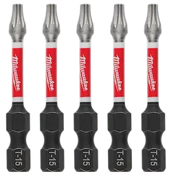 The image shows five SHOCKWAVE™ 2" Impact TORX® T15 Power Bits (5 PK) from Milwaukee. The bits feature a silver and red handle with black bases marked "T15," arranged upright and evenly spaced.