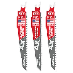 Product image of 6" 5 TPI AX™ with Carbide Teeth SAWZALL® Blade for Wood with Nails (3 PK). Three blades featuring red, white, and grey design with text indicating they are made in USA. Suitable for cutting wood with nails, with carbide teeth for durability.