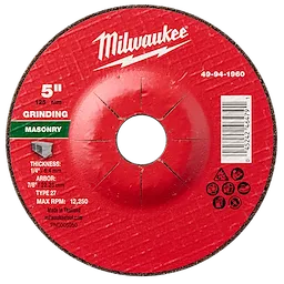 5" x 1/4" x 7/8" masonry grinding wheel (Type 27) with max RPM of 12,250, and Milwaukee branding.
