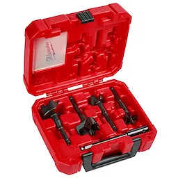 Red plastic case containing Contractor's Selfeed Bit Kits, featuring various bit sizes and a handle for secure transportation.