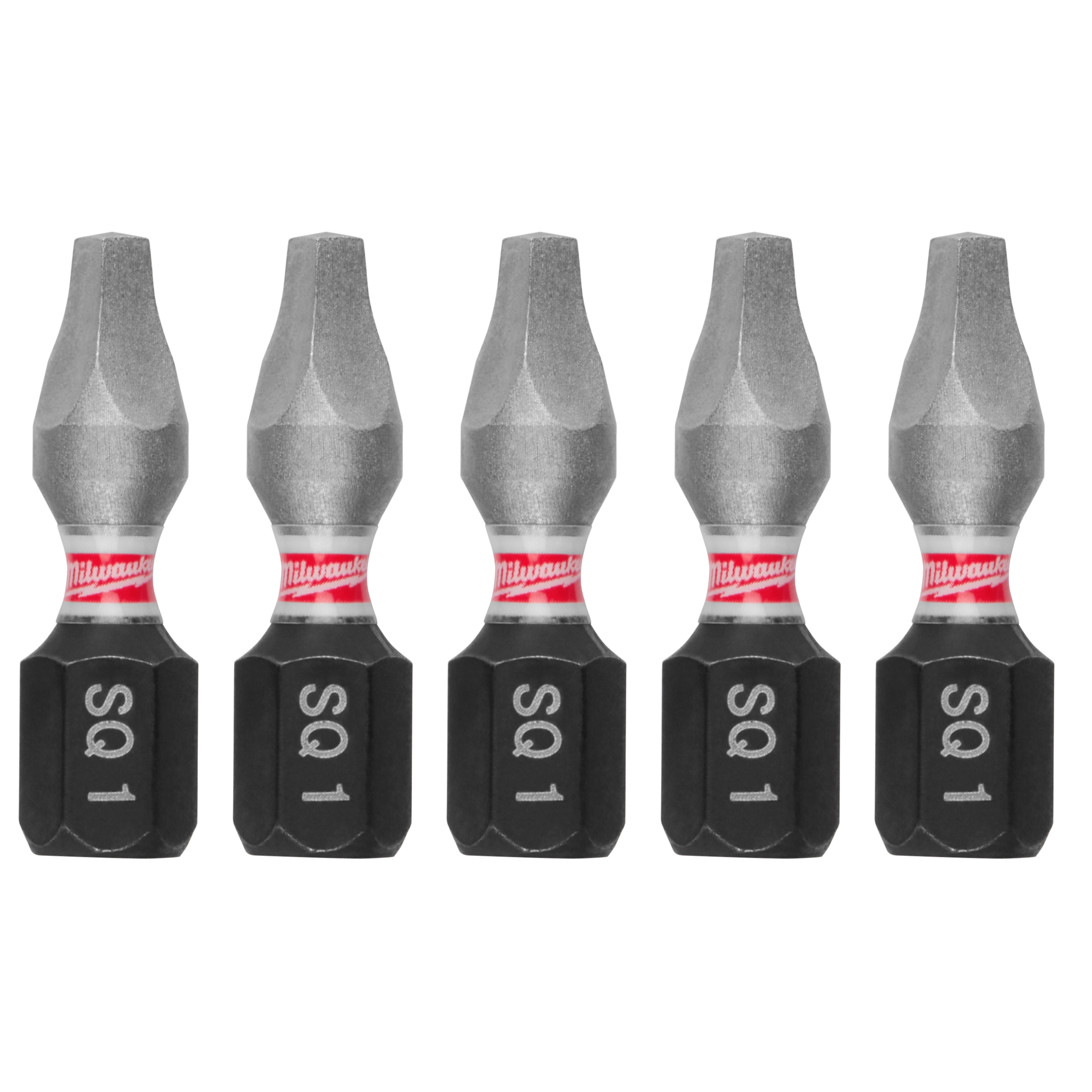 The image shows five SHOCKWAVE™ 1" Impact Duty Square Recess #1 Insert Bits (5 PK). Each bit has a silver tip, a red and white band, and a black base labeled "SQ 1."