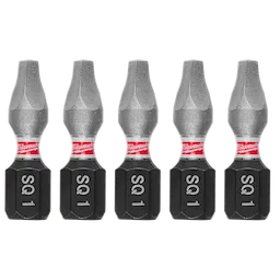 The image shows five SHOCKWAVE™ 1" Impact Duty Square Recess #1 Insert Bits (5 PK). Each bit has a silver tip, a red and white band, and a black base labeled "SQ 1."