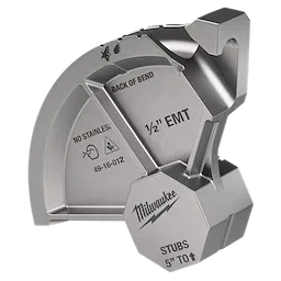 This image shows a Milwaukee conduit bender head. It is labeled for bending ½-inch EMT, marked "Back of Bend," "Stubs 5” TO↗," and "No Stainless." It appears metallic and has model number 49-16-012.