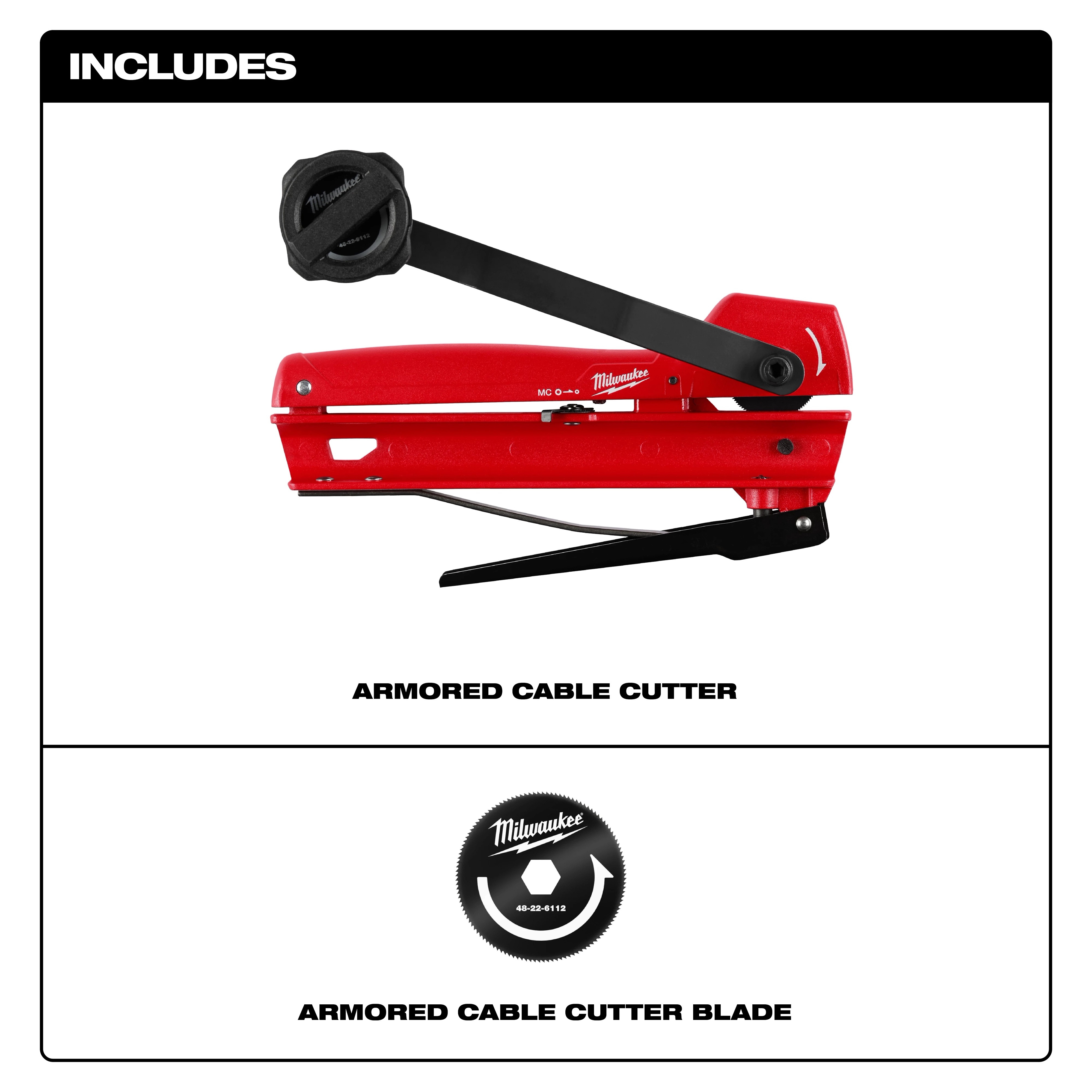 Armored Cable Cutter, a red hand tool with black handle, and an additional circular cutting blade attachment included.