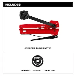 Armored Cable Cutter, a red hand tool with black handle, and an additional circular cutting blade attachment included.