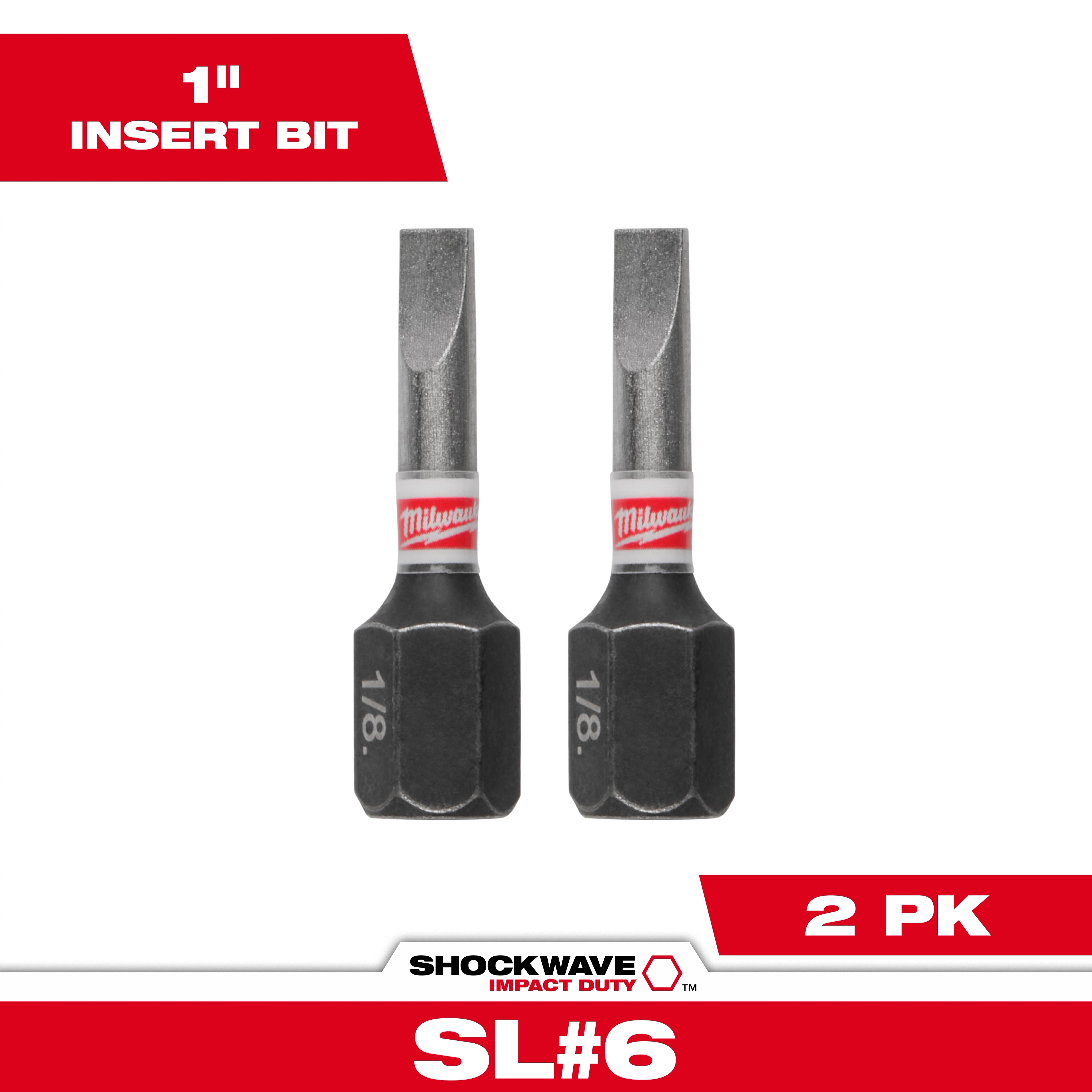Image of two SHOCKWAVE™ 1" Impact Duty Slotted 1/8" Insert Bits (2 PK) against a white background. The bits are metallic with a red and white Milwaukee logo band. The text "1" Insert Bit" and "2 PK" are displayed in red boxes above and below the bits.