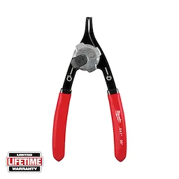 This image shows a Milwaukee locking pliers tool with red handles and a black body. It features a cable cutter mechanism and a logo on the handle. The image also includes a "Limited Lifetime Warranty" label in the bottom left corner.