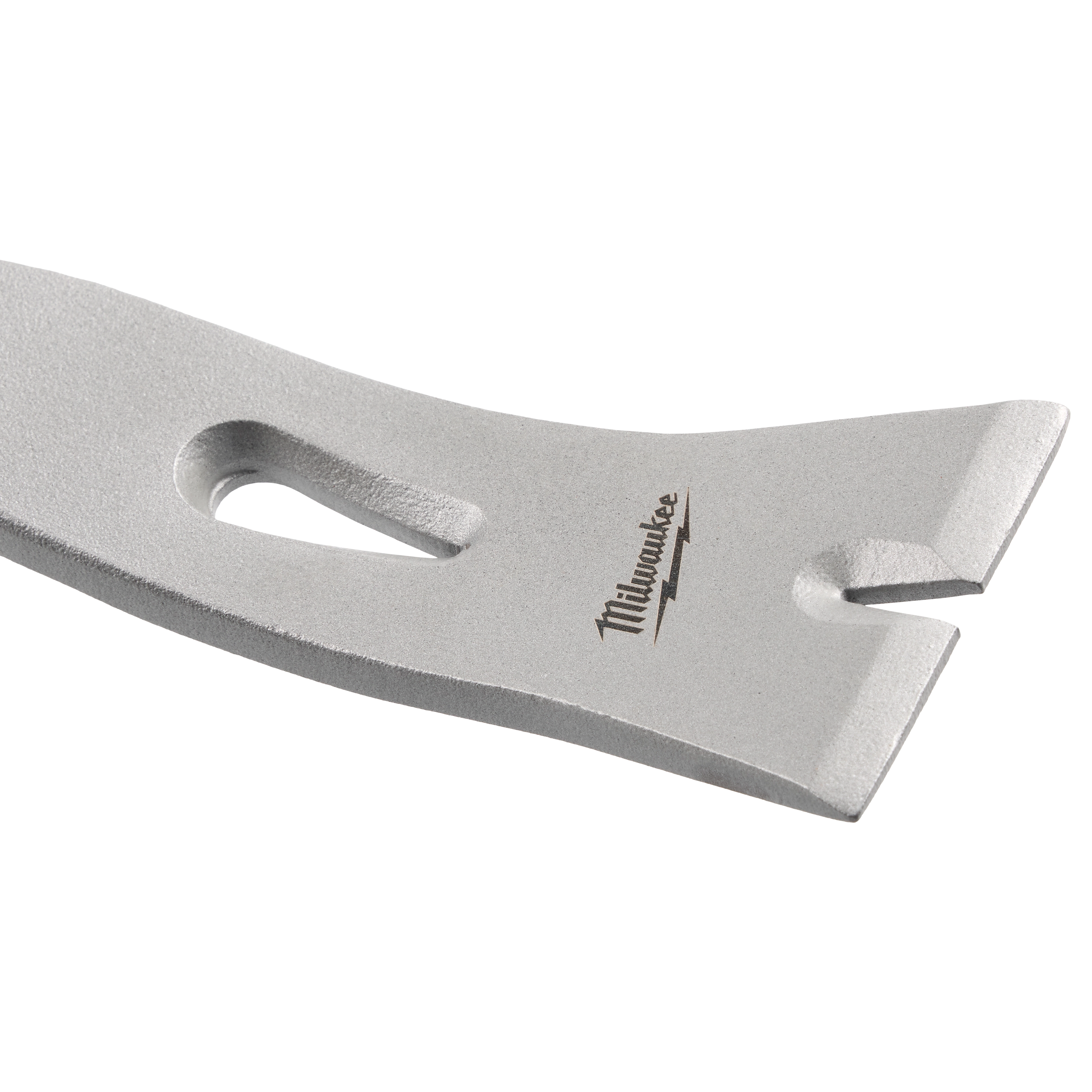 The Milwaukee 16" Molding Puller is a metallic tool with a flat, tapered end, designed for removing molding. The tool features a beveled slot and the Milwaukee logo engraved in the center. Its sturdy construction is ideal for heavy-duty applications.