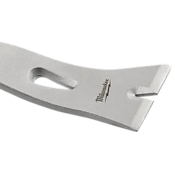 The Milwaukee 16" Molding Puller is a metallic tool with a flat, tapered end, designed for removing molding. The tool features a beveled slot and the Milwaukee logo engraved in the center. Its sturdy construction is ideal for heavy-duty applications.