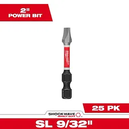 The image shows a SHOCKWAVE™ 2" Impact Duty TORX® T25 Power Bit Bulk 25 pack. It features a red and black design with the Milwaukee logo, and it's designed for high-performance impact driving.