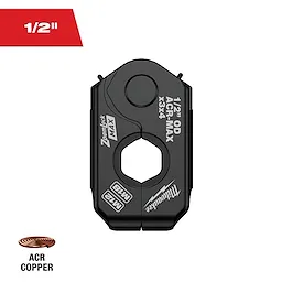 The 1/2" ZoomLock MAX® & MaxiPro® Pivoting Press Ring is a black, circular tool designed for pressing ACR copper materials. It features two centrally located grips and text detailing specifications on its surface. The product is recommended for optimized pressing in HVAC systems.