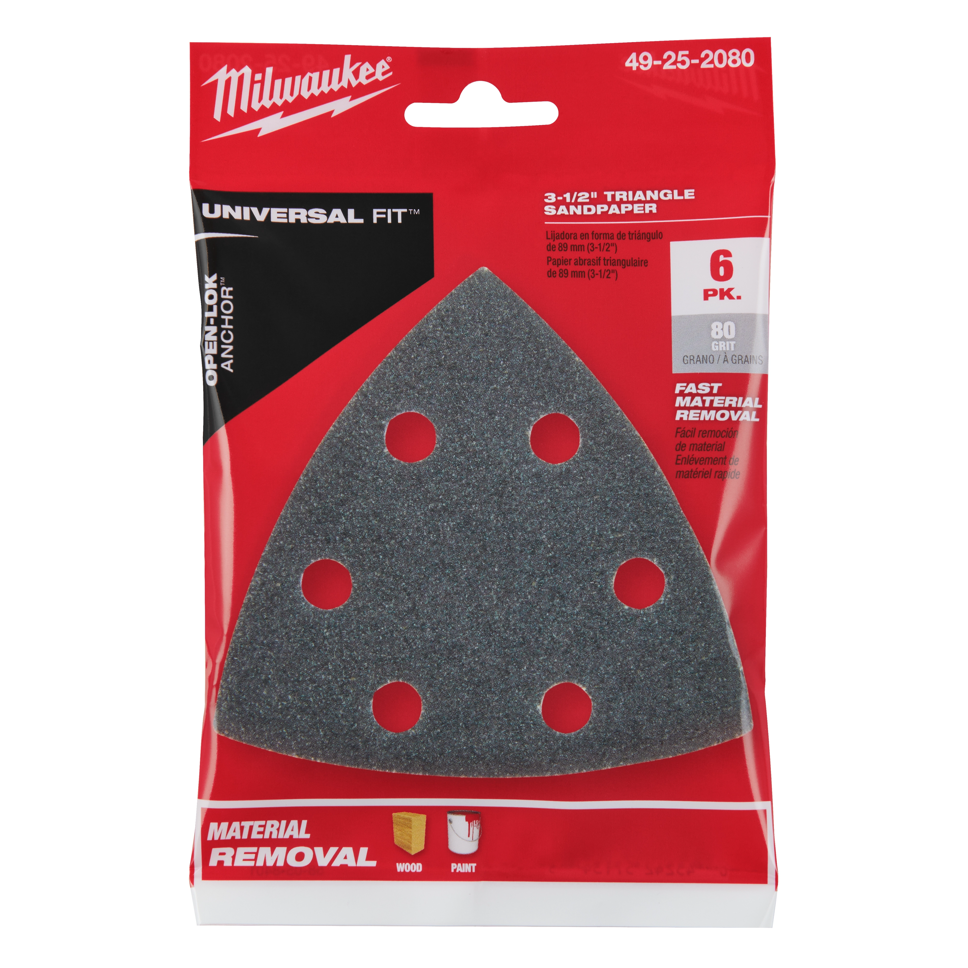 Milwaukee 3-1/2" 80 Grit Triangle Sandpaper 6PK in red packaging. Suitable for material removal on wood and paint. Item 49-25-2080.