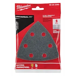 Milwaukee 3-1/2" 80 Grit Triangle Sandpaper 6PK in red packaging. Suitable for material removal on wood and paint. Item 49-25-2080.