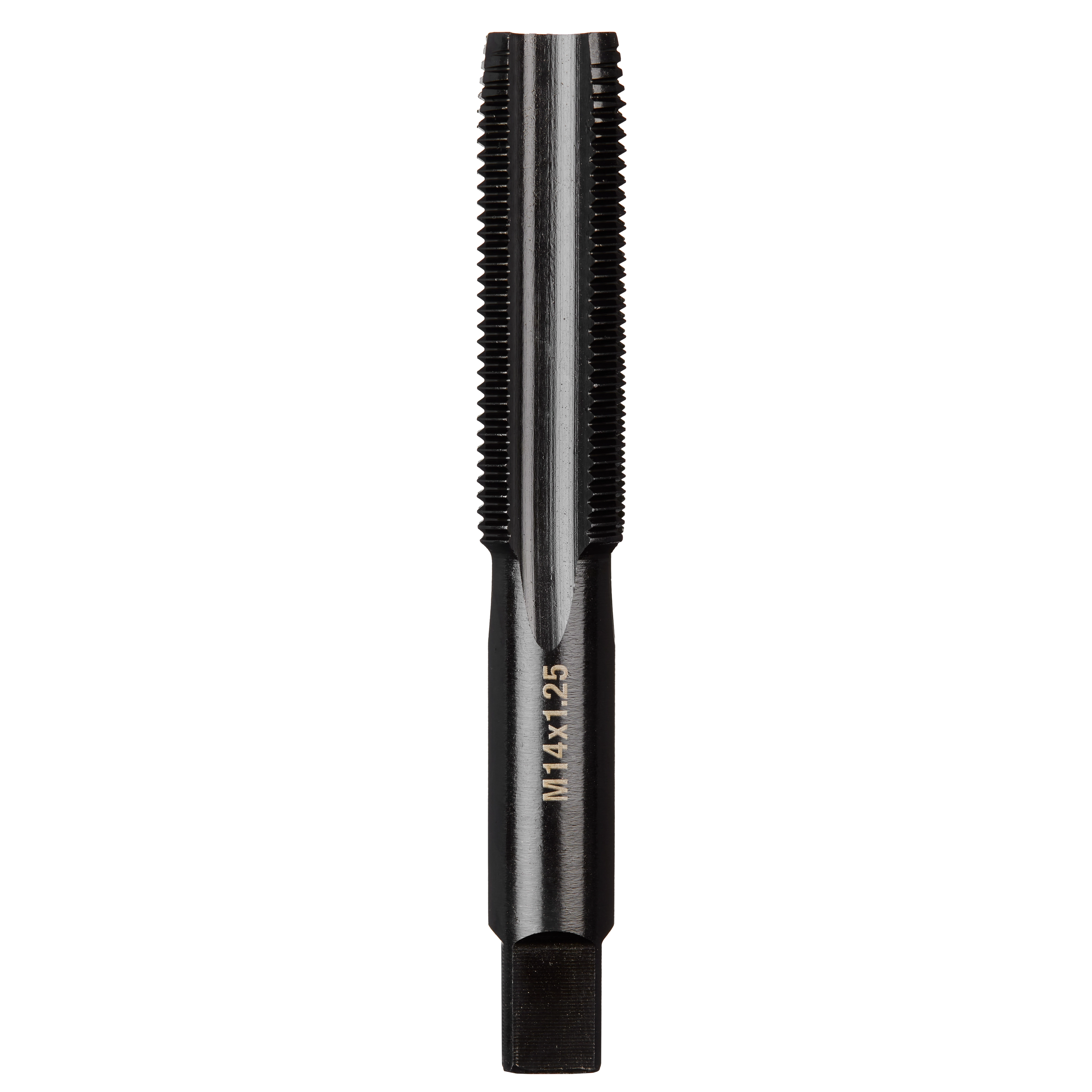 M14-1.25%20mm%20Straight%20Flute%20Plug%20Tap, a black metal tool with straight flutes and engraved specifications.