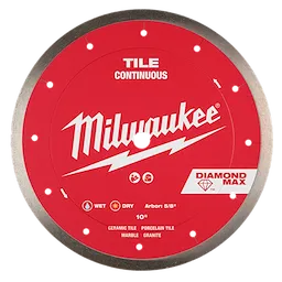 A red circular saw blade with the word "Milwaukee" in white script across the center. It is labeled as "Tile Continuous" and "Diamond Max" with icons indicating wet and dry use. The blade is 10 inches in diameter with a 5/8 inch arbor and is suitable for ceramic tile, porcelain tile, marble, and granite.