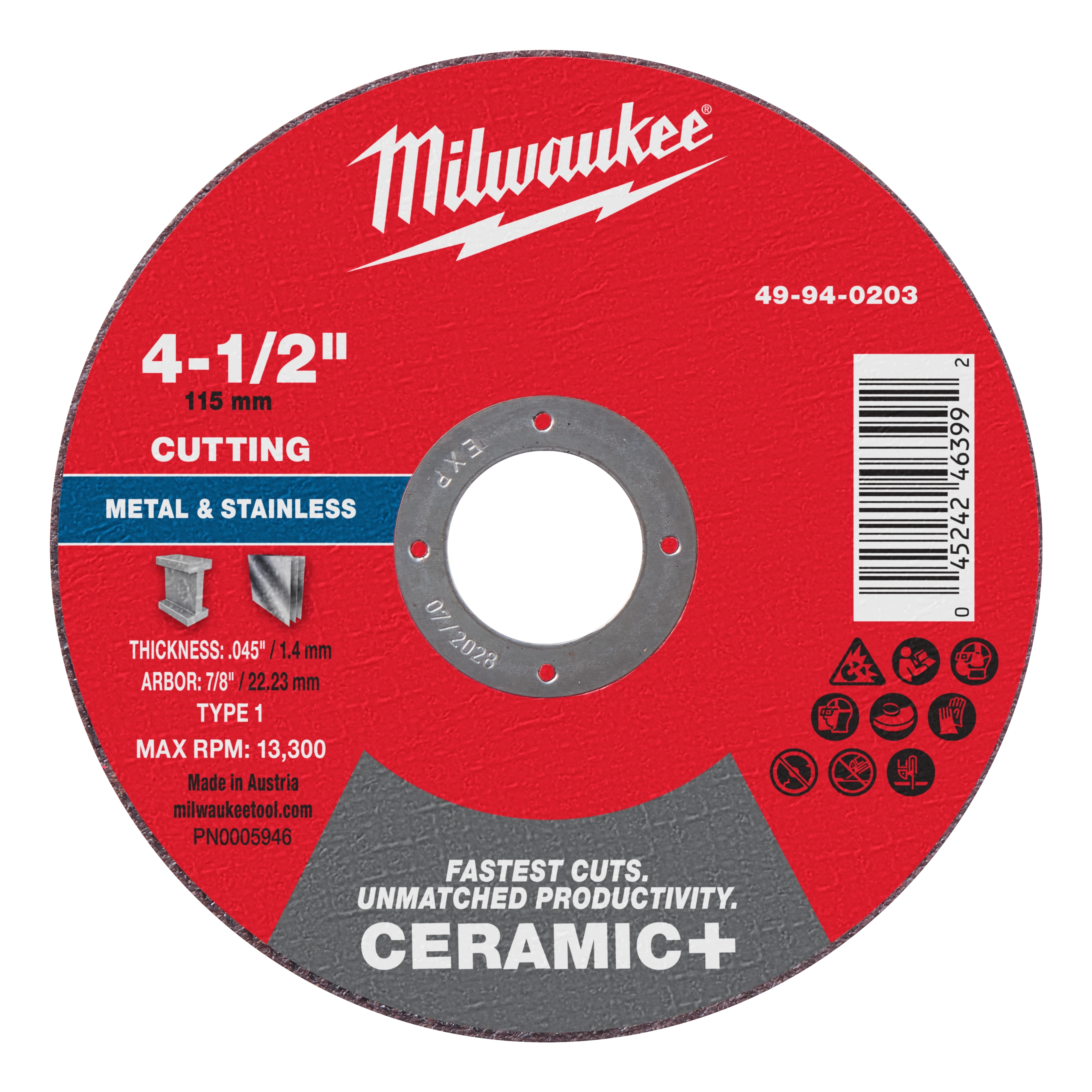 4-1/2" x .045" x 7/8" Ceramic+ Metal Cut Off Wheel - Type 1, red with white and black text, includes product details and barcode.