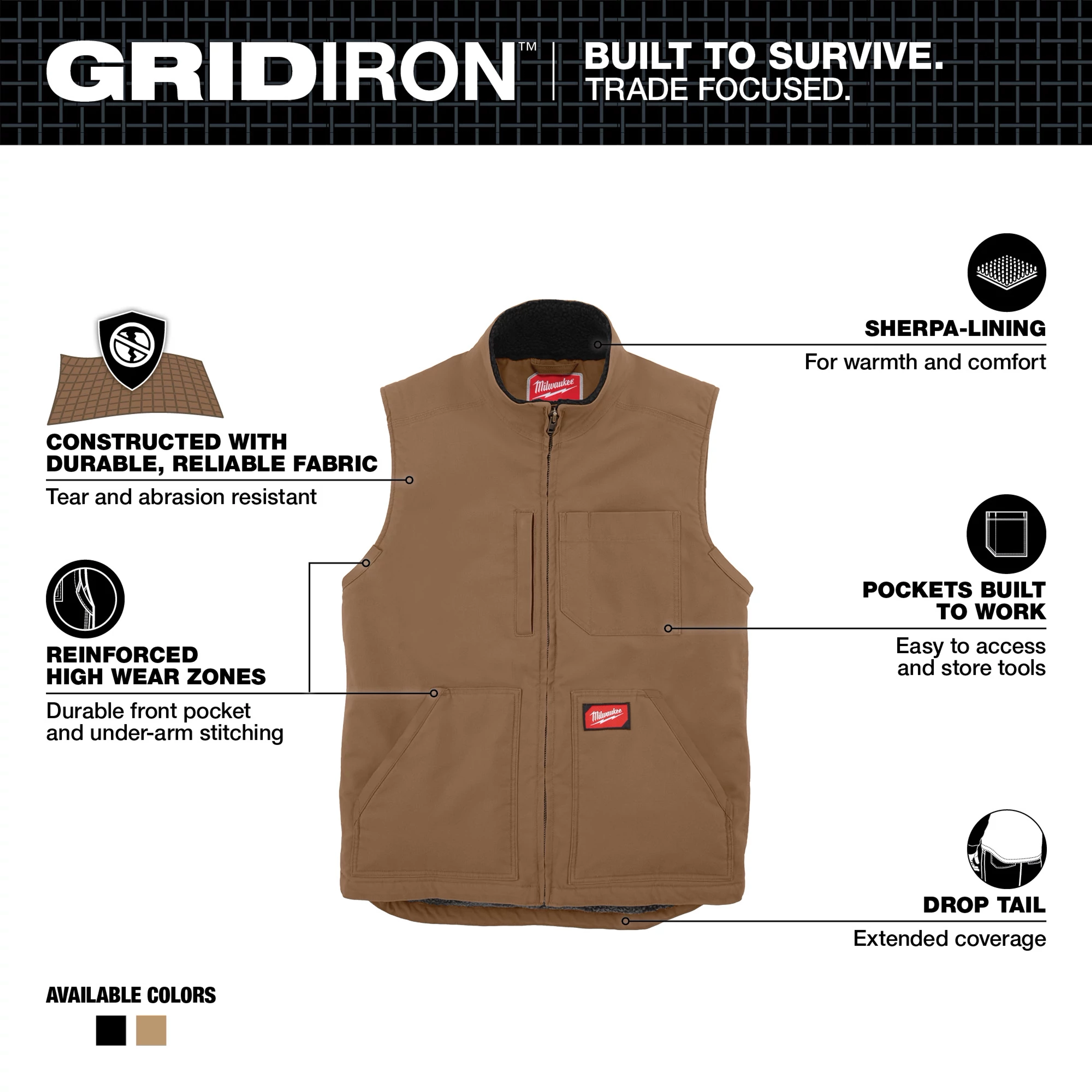 Heavy Duty Sherpa-Lined Vest - Brown Walkaround, featuring durable fabric, reinforced wear zones, multiple pockets, a drop tail, and Sherpa lining.
