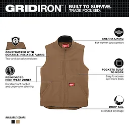 Heavy Duty Sherpa-Lined Vest - Brown Walkaround, featuring durable fabric, reinforced wear zones, multiple pockets, a drop tail, and Sherpa lining.