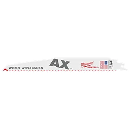 9" 5 TPI AX™ SAWZALL® Blade for Wood with Nails Bulk. The blade is white with black and red marking and an American flag. The teeth are jagged, designed for cutting through wood containing nails. Suitable for demolition work. Blade model number and logo are displayed on the side.