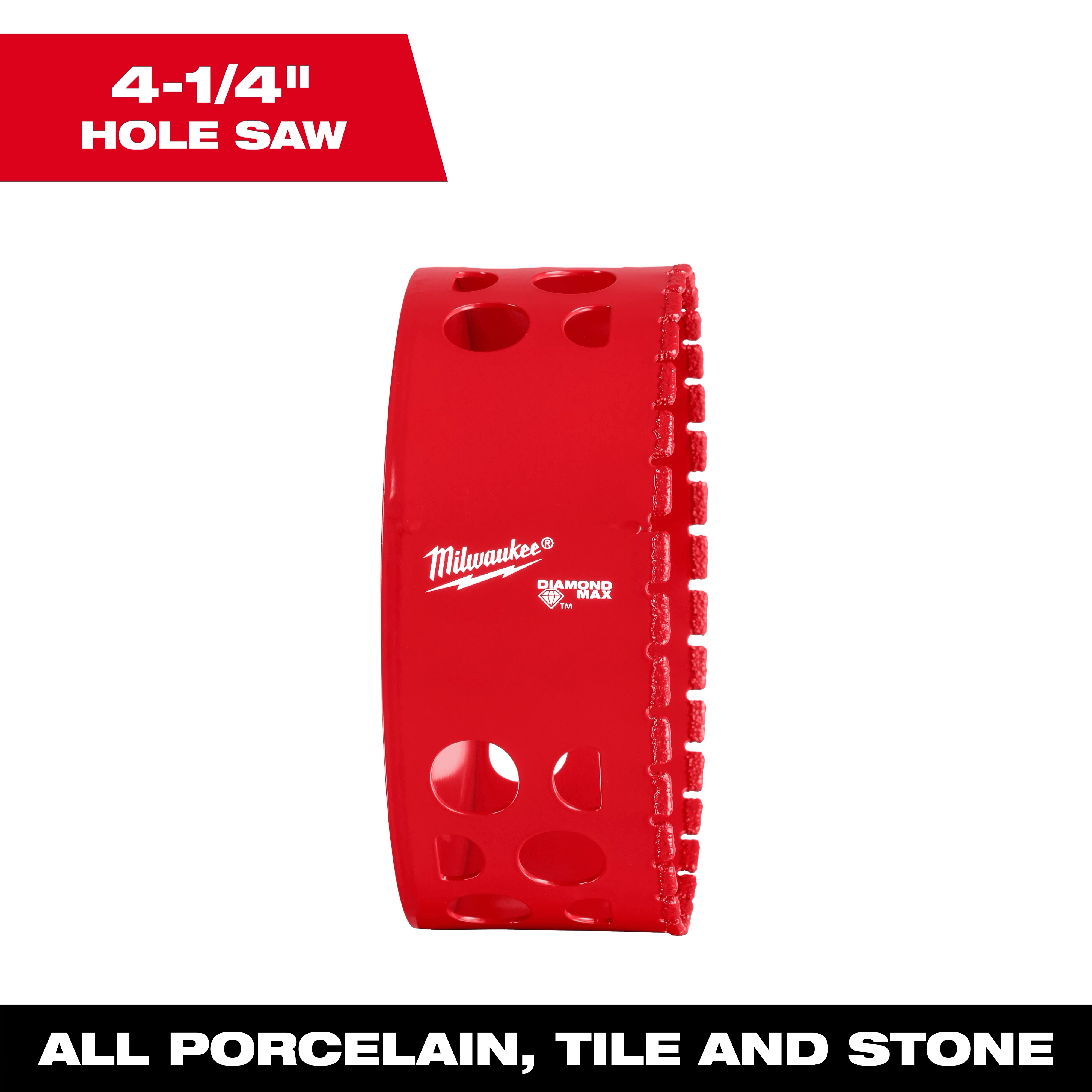 Milwaukee 4-1/4" Diamond Max Hole Saw, red with ventilation holes, suitable for cutting porcelain, tile, and stone materials.