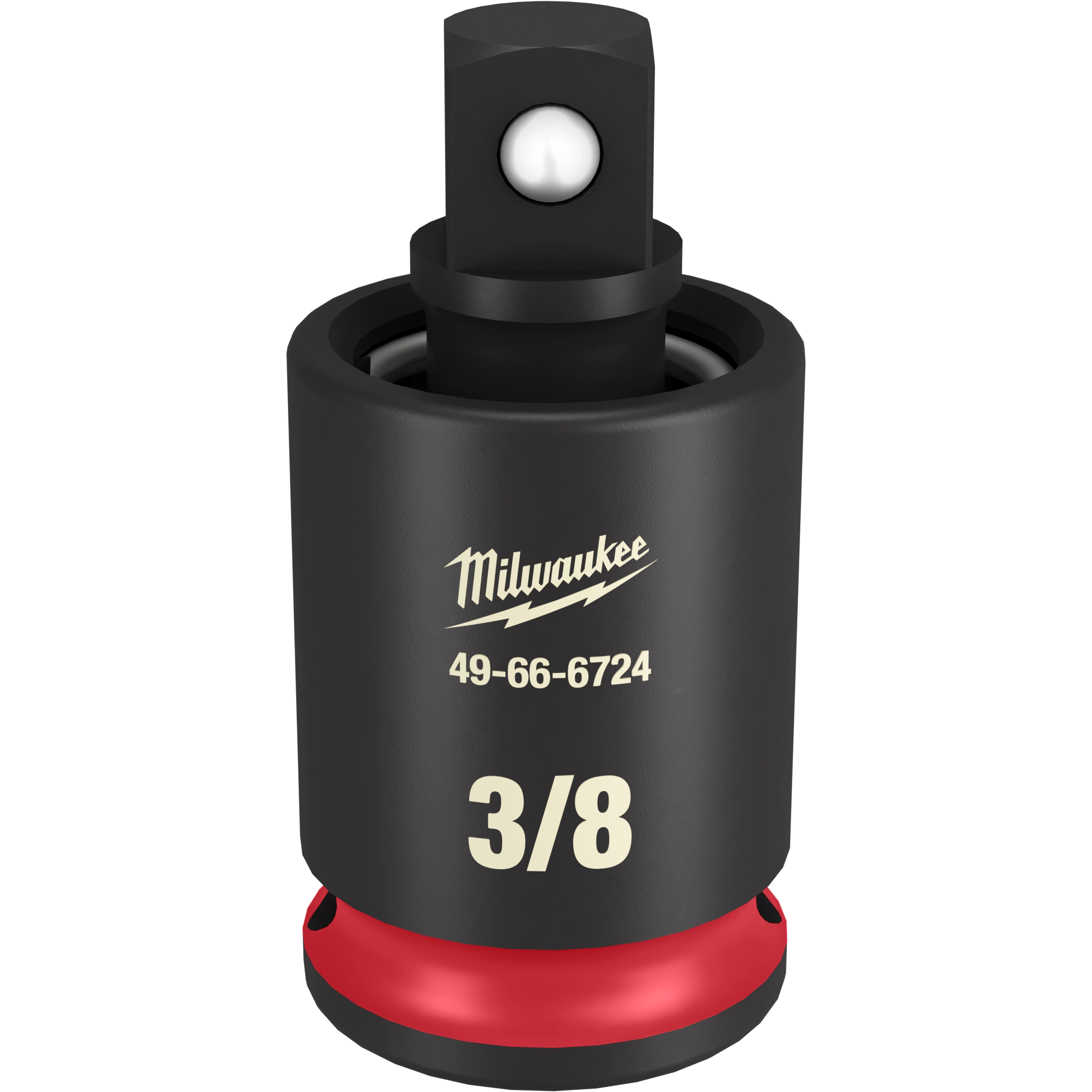 The image features a Milwaukee 3/8" DR Universal Joint. It has a black body with the Milwaukee logo, model number 49-66-6724, and a red base at the bottom. There is a visible ball bearing mechanism at the top for connecting to tools.