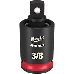 The image features a Milwaukee 3/8" DR Universal Joint. It has a black body with the Milwaukee logo, model number 49-66-6724, and a red base at the bottom. There is a visible ball bearing mechanism at the top for connecting to tools.