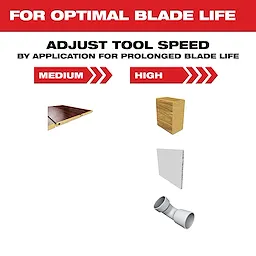 OMT Hard Wood Tool Speed product application guide showing recommended speeds: medium for wood planks, high for wood blocks and PVC pipes.
