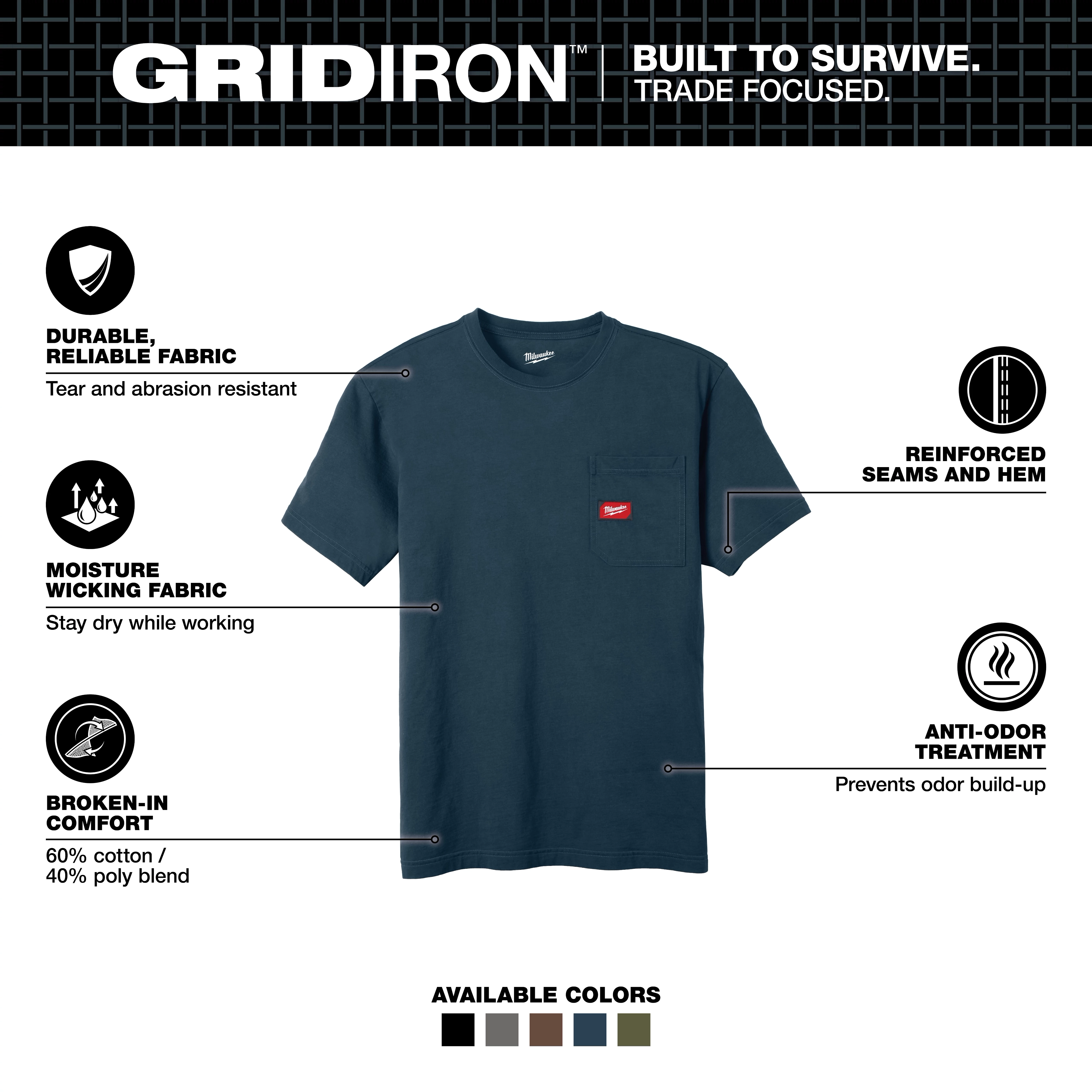 GRIDIRON Pocket T-Shirt - Short Sleeve, tear and abrasion-resistant, moisture-wicking, anti-odor treatment, reinforced seams, available in multiple colors.