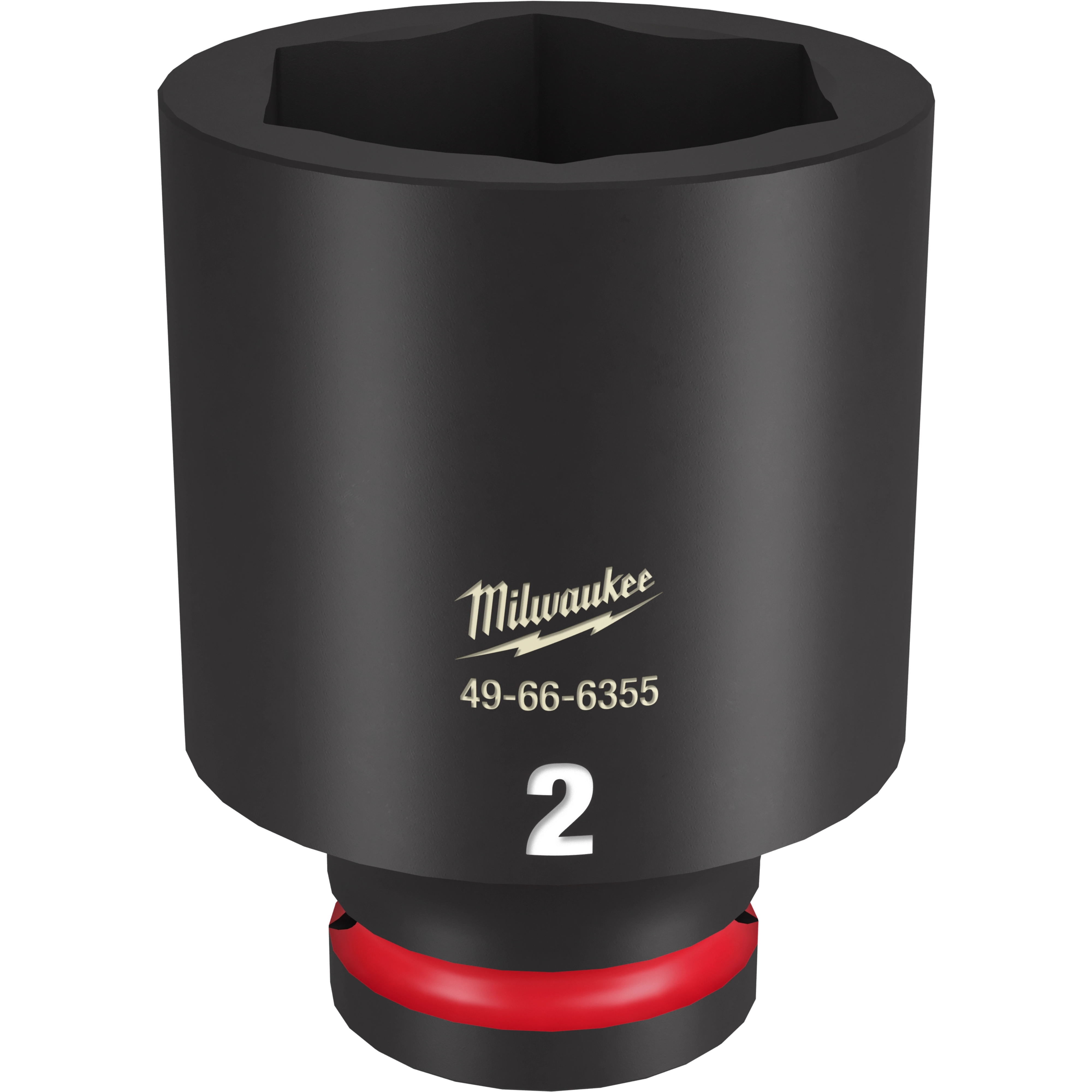 Milwaukee 3/4" DR 2" Deep Impact Socket is shown. The black socket features the model number 49-66-6355 and a prominent "2" marking in white. A red ring can be seen near the base.