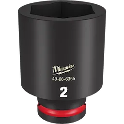 Milwaukee 3/4" DR 2" Deep Impact Socket is shown. The black socket features the model number 49-66-6355 and a prominent "2" marking in white. A red ring can be seen near the base.
