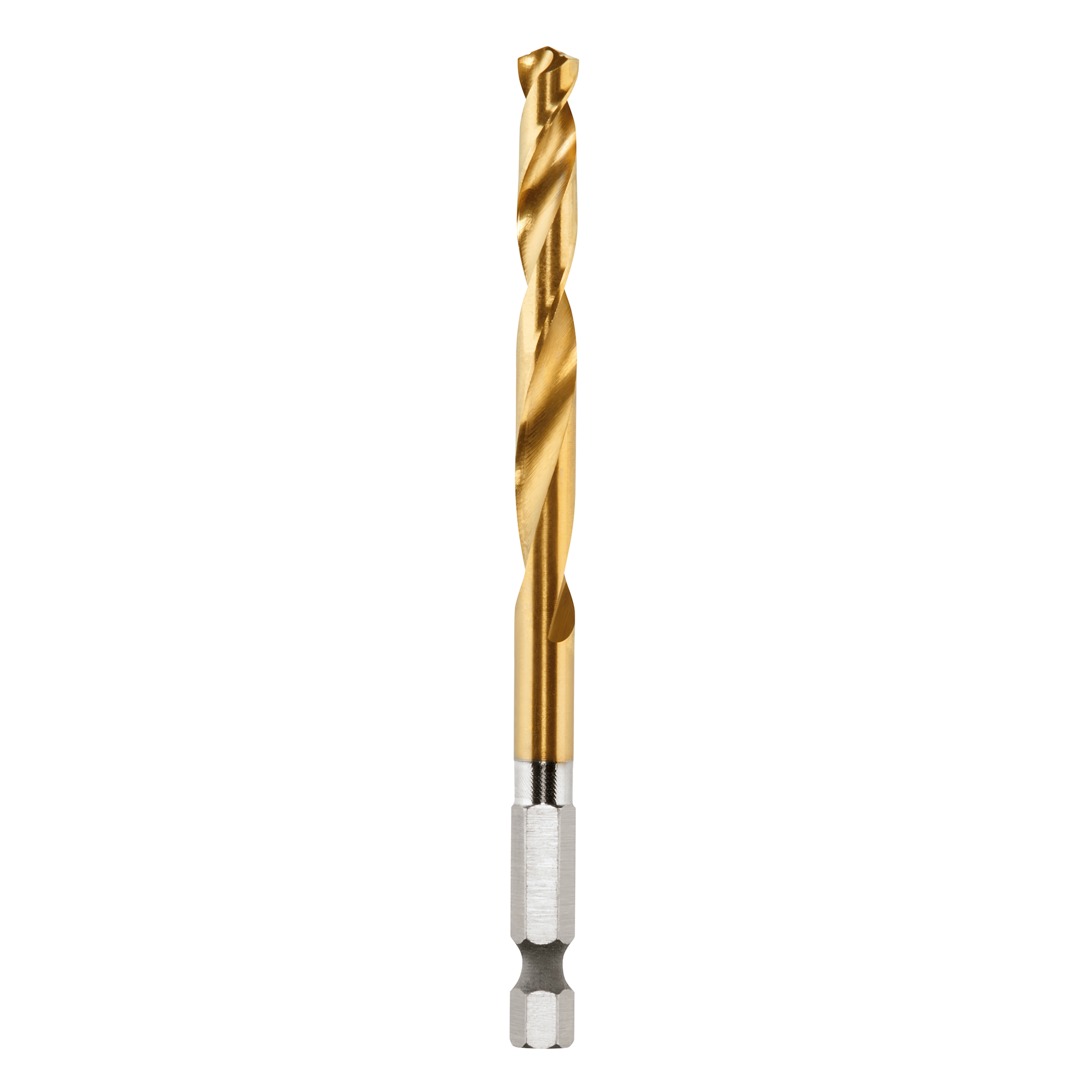 17/64" SHOCKWAVE RED HELIX Titanium Drill Bit with a hex shank, gold-colored twist shaft, and silver base for high durability.