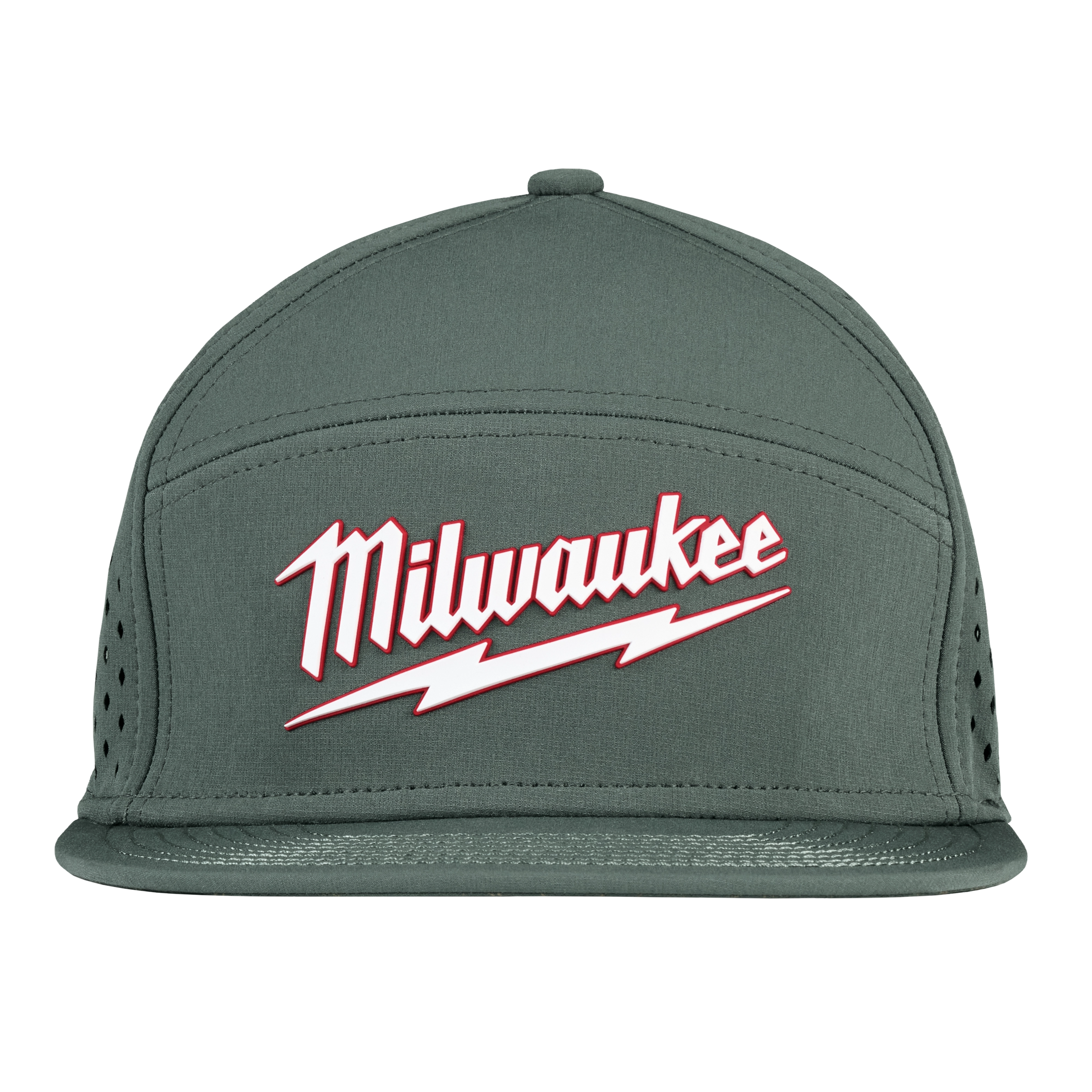 Flat Brim Snapback hat in dark gray with the Milwaukee logo in red and white on the front.