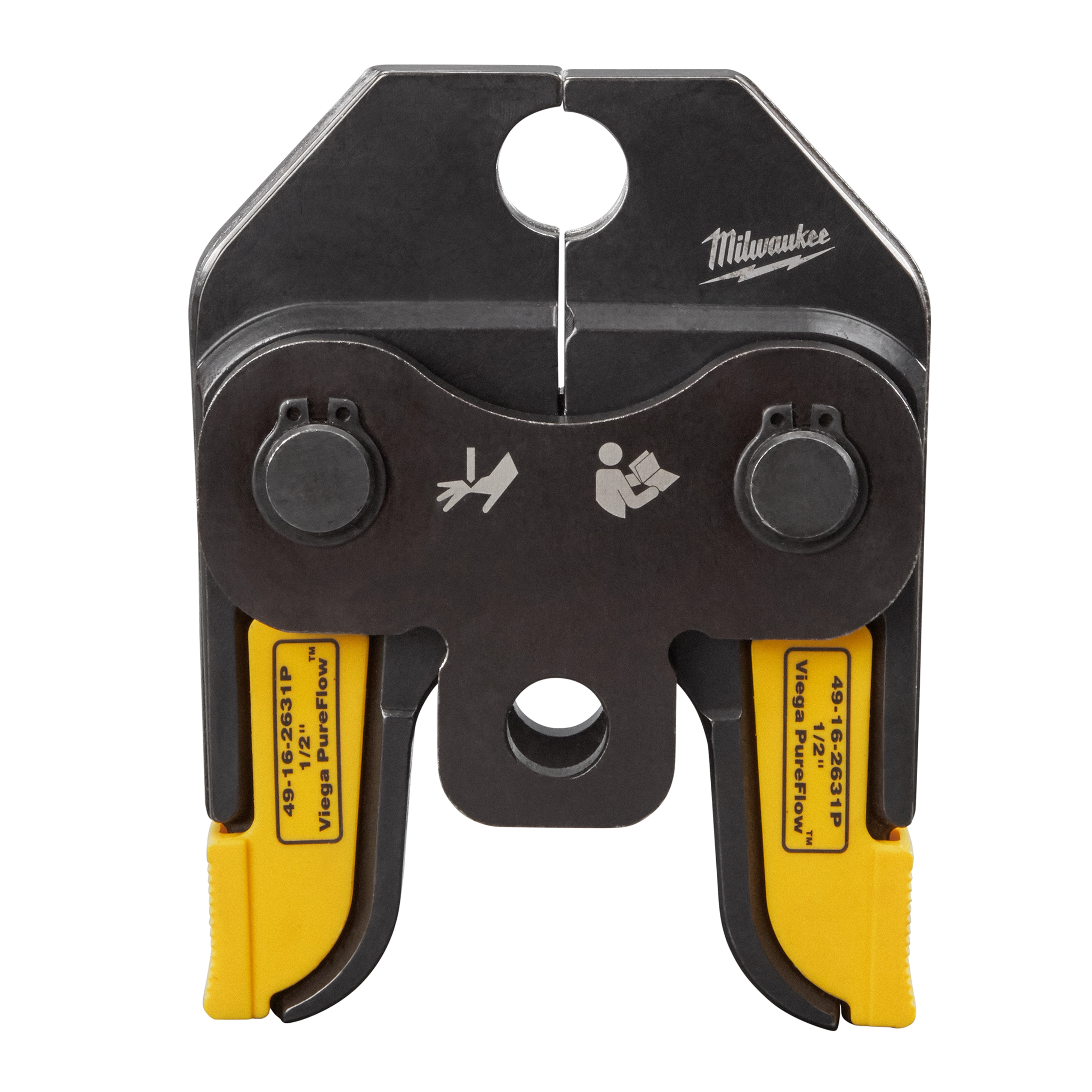 The M18™ Short Throw Press Tool with Viega PureFlow™ Jaws is a heavy-duty tool featuring a black metal pressing head and yellow labeled jaws. The Milwaukee branding and safety icons are on the tool.