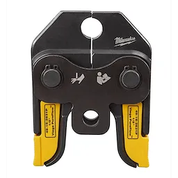 The M18™ Short Throw Press Tool with Viega PureFlow™ Jaws is a heavy-duty tool featuring a black metal pressing head and yellow labeled jaws. The Milwaukee branding and safety icons are on the tool.