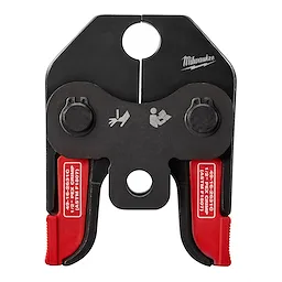 PEX Crimp Jaws with black upper and red lower jaws feature markings and engravings for 1/2-inch size, manufactured by Milwaukee.