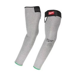 Pair of gray, Cut Level 6 Protective Sleeves with black reinforced ends, green cuffs, and a red logo patch.