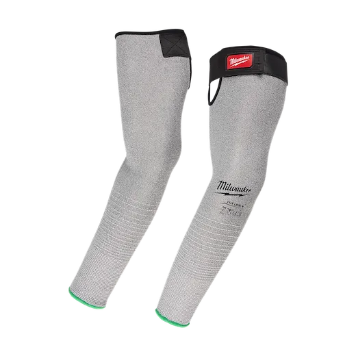 Pair of gray, Cut Level 6 Protective Sleeves with black reinforced ends, green cuffs, and a red logo patch.