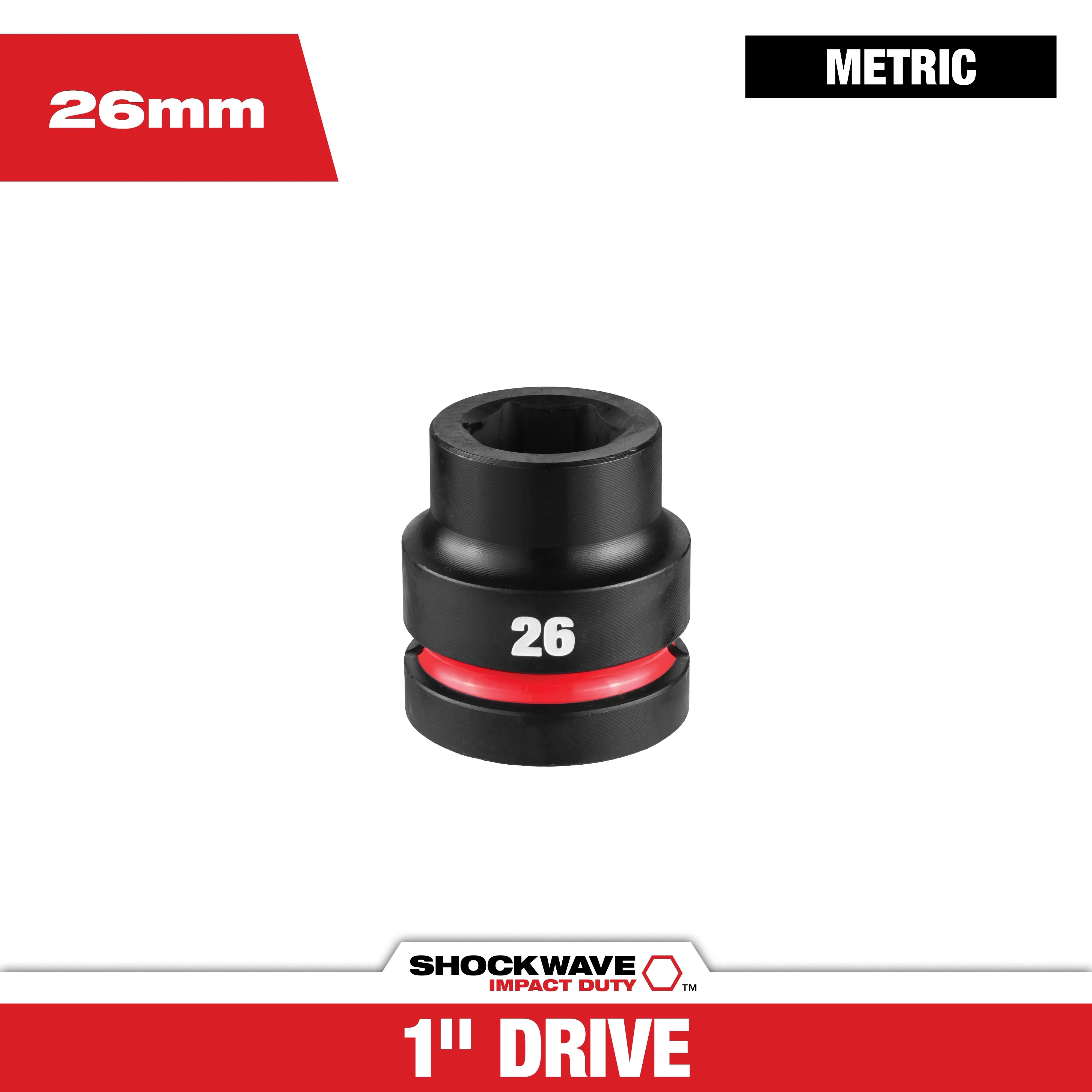 SHOCKWAVE Impact Duty 1" Drive 26MM Standard 6 Point Socket shown upright with a bold 26 marking and red band.