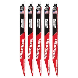 The image shows five 12-inch WRECKER™ with NITRUS™ Carbide SAWZALL® Blades for Multi-Material cutting. The blades have a black and red design with USA flags at the top.