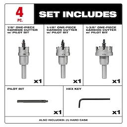 Image of a One-Piece Carbide Hole Cutter Set: 4PC. It includes three one-piece carbide cutters with pilot bits (7/8", 1-1/8", and 1-3/8"), one pilot bit, one hex key, and one hard case.
