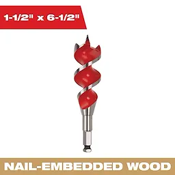 The product depicted is a 1-1/2" x 6-1/2" auger bit designed to drill through nail-embedded wood. The bit features a spiral design with red accents and a threaded tip for precision. A beige banner indicates its suitability for nail-embedded wood.