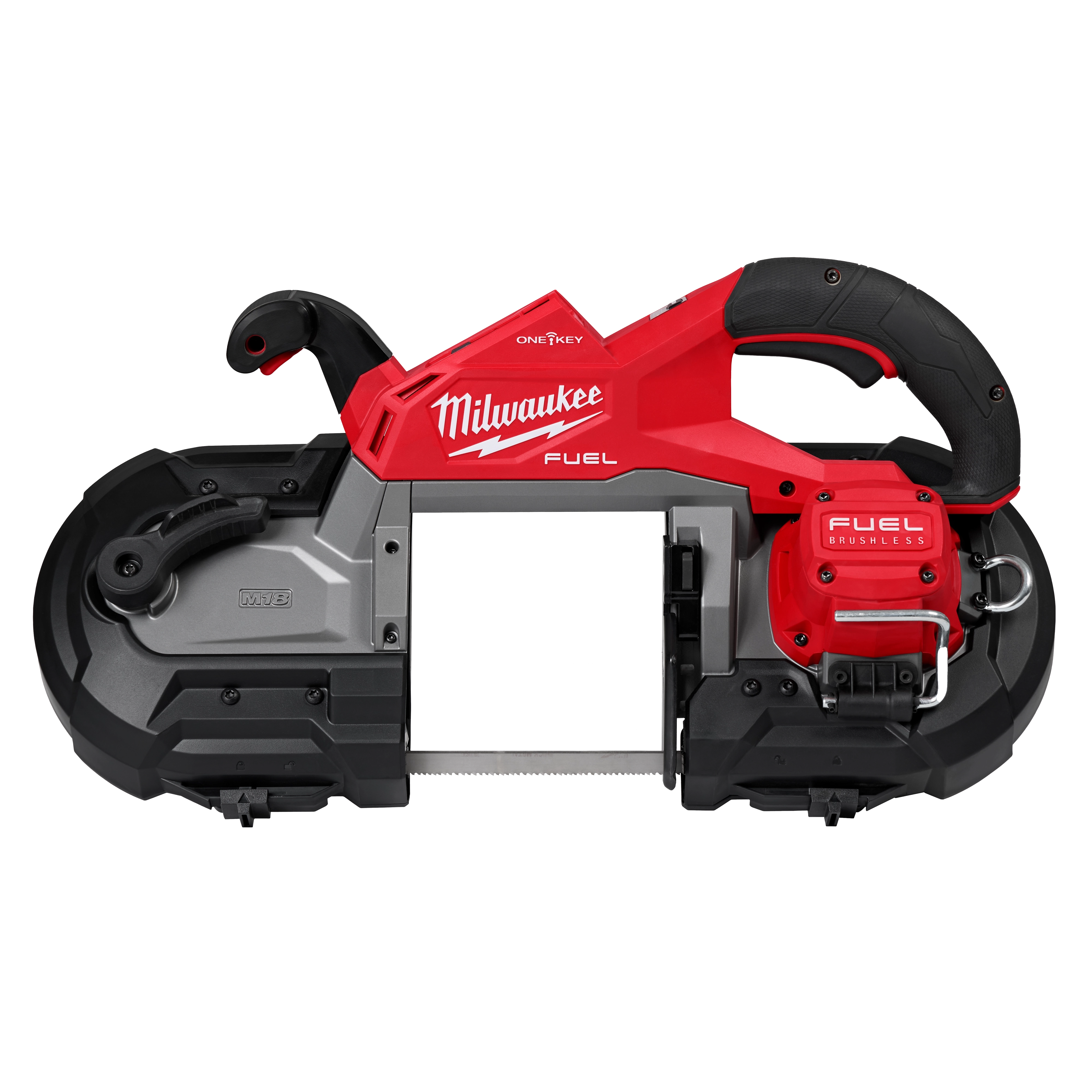 The image shows an M18 FUEL™ Deep Cut Dual Trigger Band Saw w/ ONE-KEY™. It is a red and black power tool with an ergonomic handle, designed for precise cutting. The brand "Milwaukee" is prominently displayed on the red housing.
